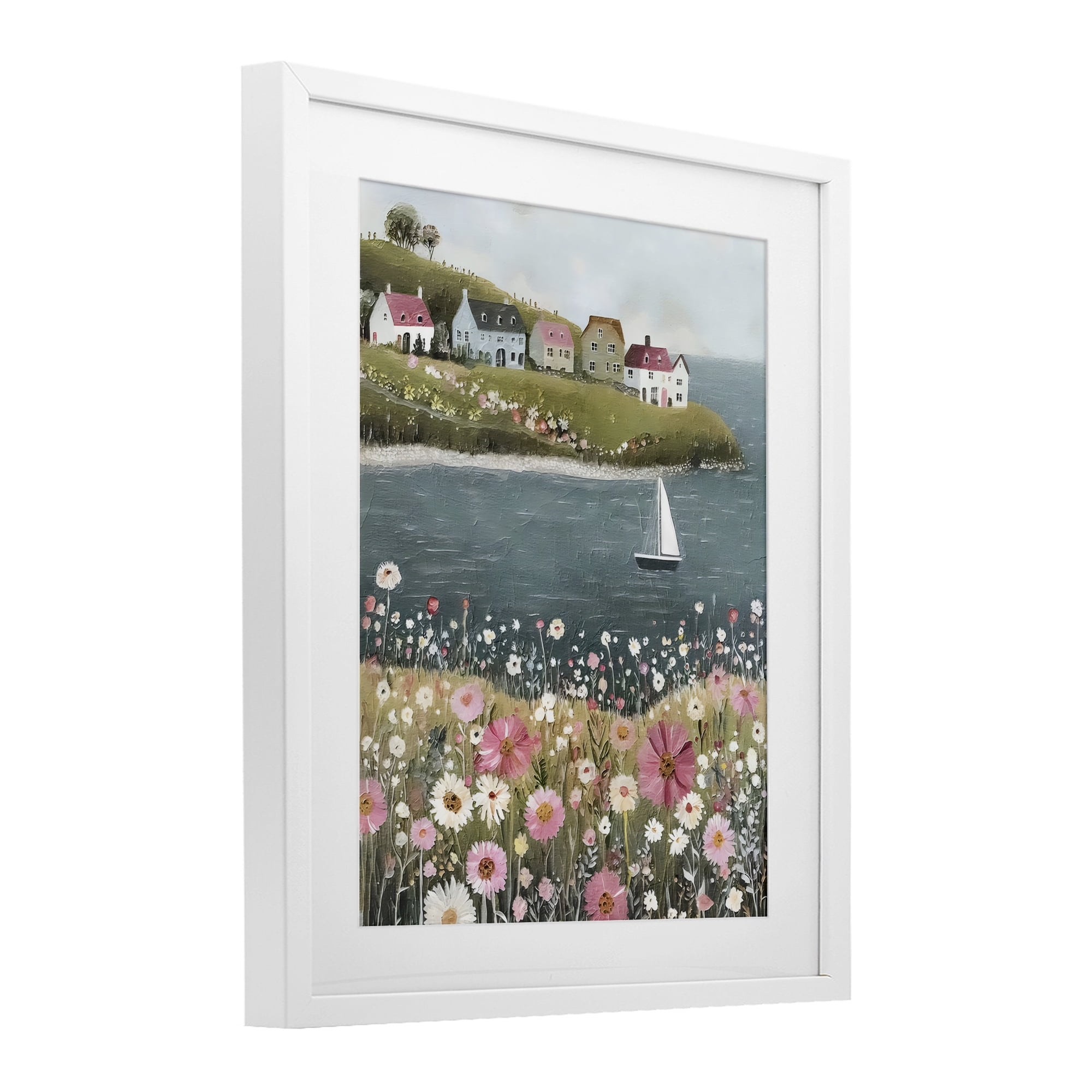 Stupell Industries Pink Meadow & Sailboats White Framed Print Under Glass, design by Riley B