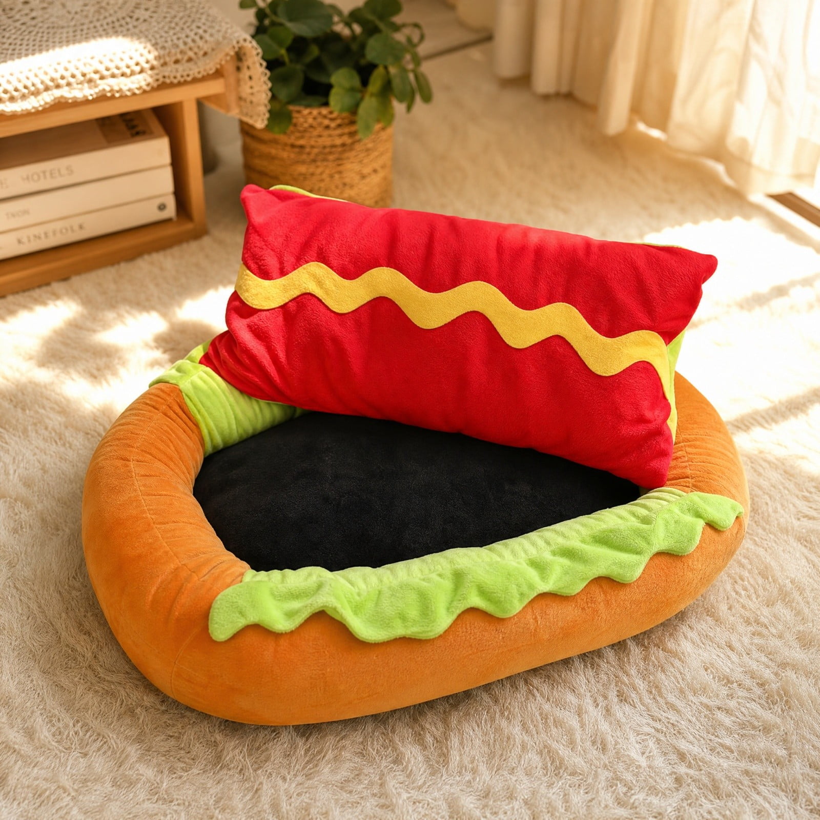 HAJAGP Hot Dog Shaped Pet Bed Suitable for All Breeds Cozy Plush Dog Bed with Removable Cover for Small Medium Dogs Cats