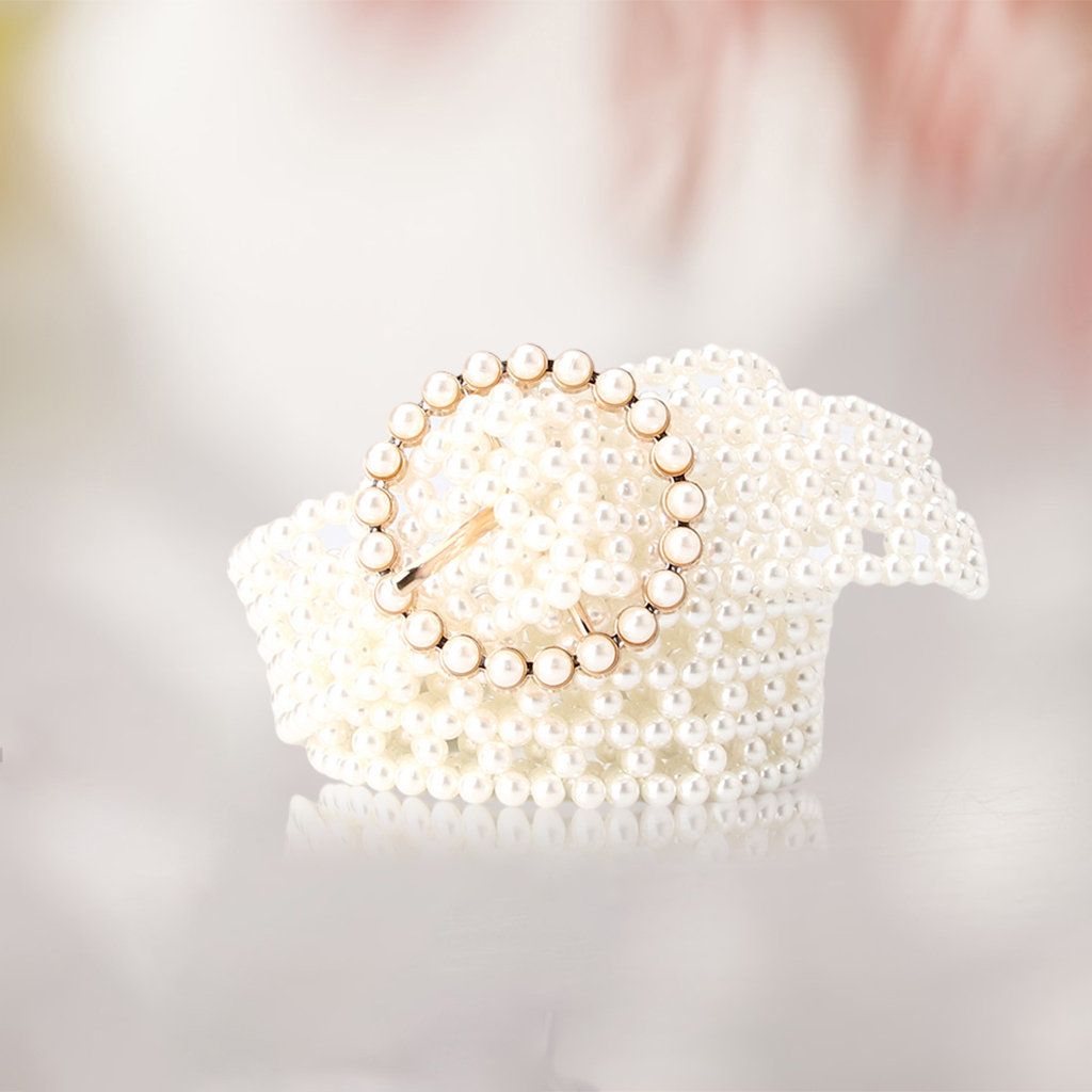 Elegant Women Pearl Belt Waist Belt Elastic Buckle Pearl