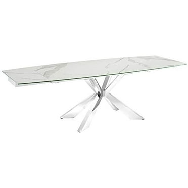 Talenti Casa ICON motorized dining table in white marbled porcelain top on glass with polished stainless steel base.