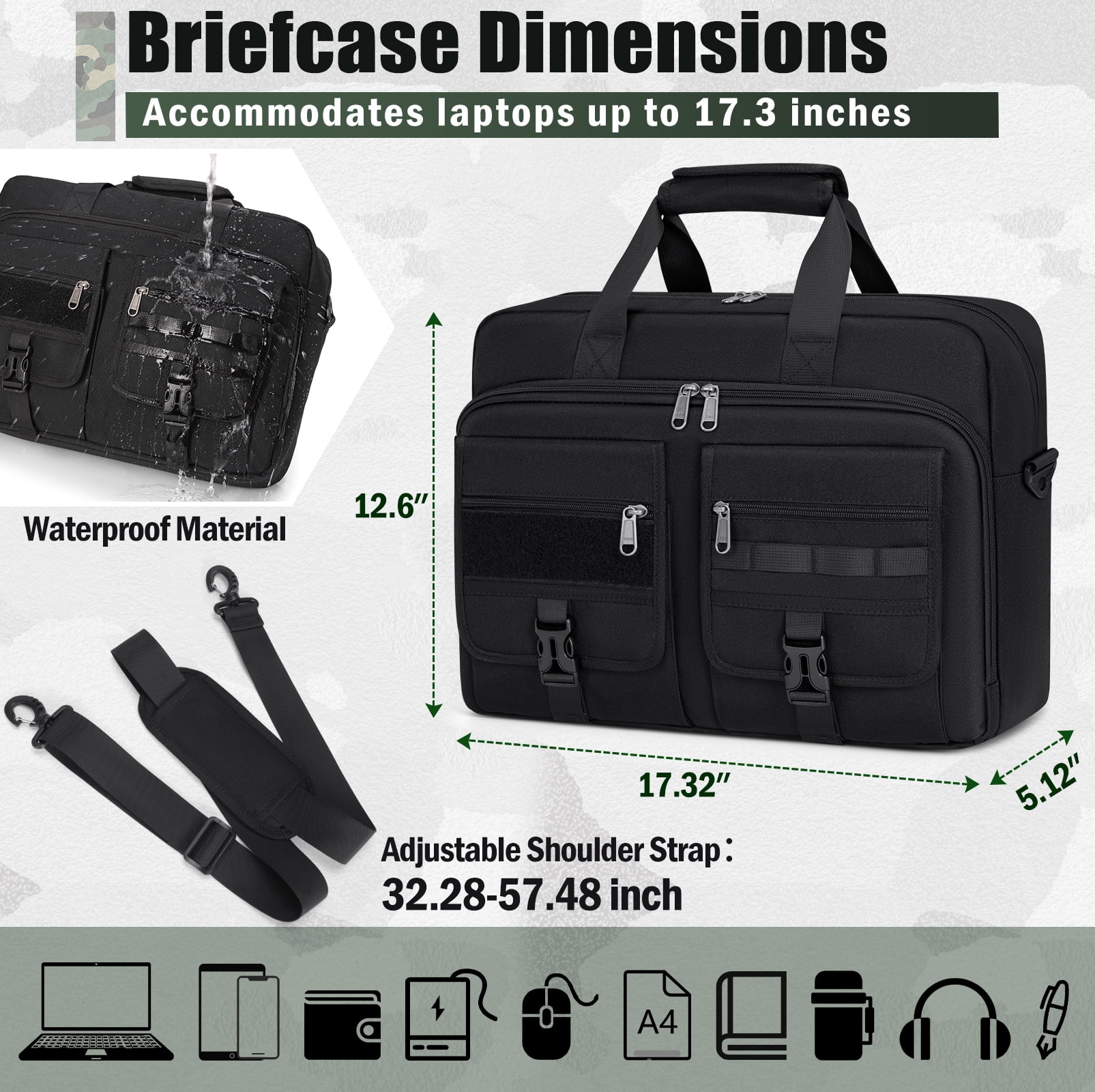 RAINSMORE Tactical Laptop Bag for Men 17.3 Inch Laptop Briefcase Men Business Computer Bag Messenger Bag Casual Work Office