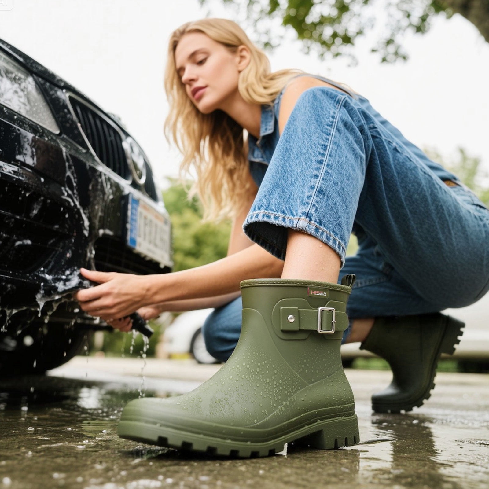 HISEA Women's Waterproof Ankle Rain Boots, Anti-Slip Short Garden Shoes with Comfortable Insole for Outdoor Work & Walking，Green，Size 7