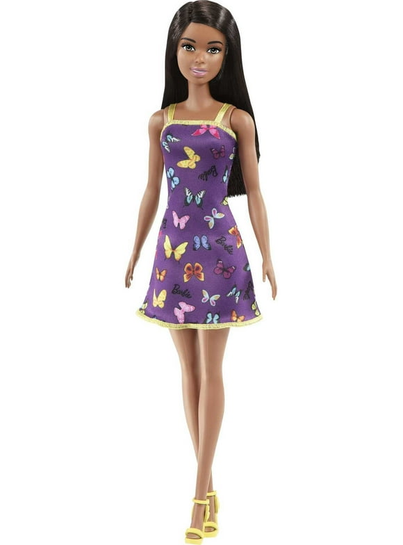 Barbie Fashion Doll with Black Hair Dressed in Colorful Butterfly Print Dress & Strappy Heels