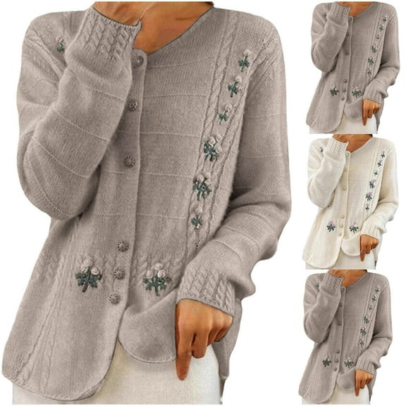 Bixock Women Outerwear Fall and Winter Fall Winter Round Neck Embroidery Knit Cardigan Sweater