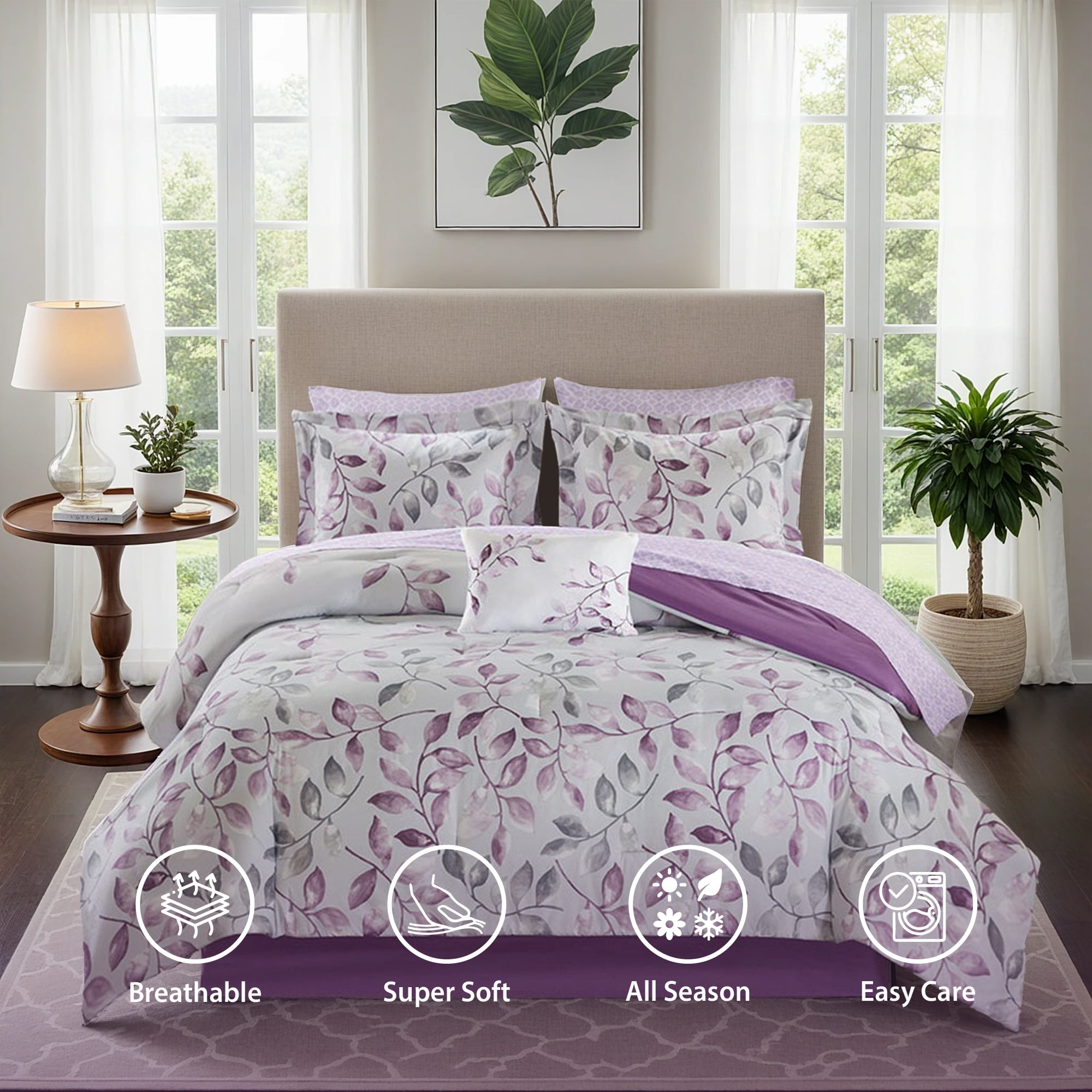 Madison Park Essentials 7 Piece Twin Botanical Comforter Set, Cotton Bed in A Bag with Bedskirt, Spring Purple Floral Comforter Bed Set, Bedding Sets with Flat Sheet and Fitted Sheet for Girls