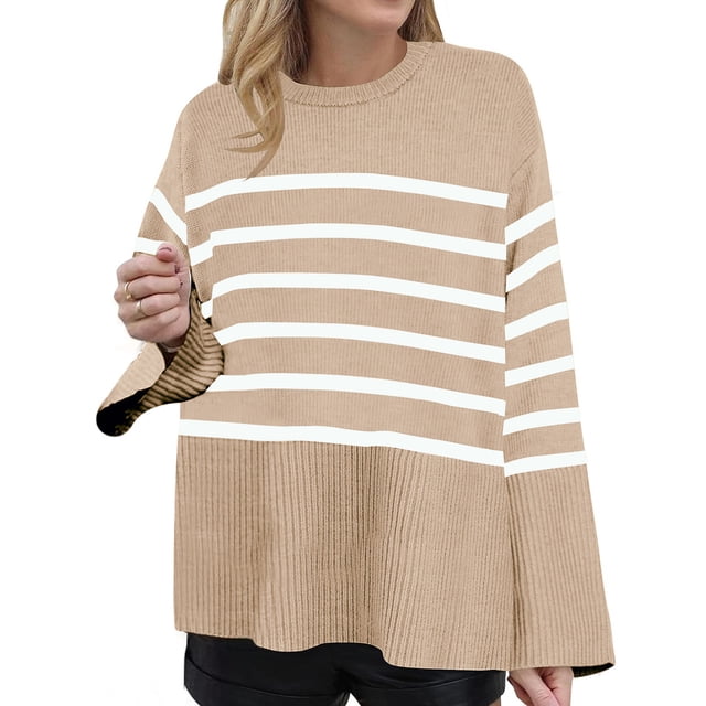 LOVZFMLL Chandails pour Femmes, Chandail à Col Rond Côtelé à Rayures Mode Décontracté Quotidien Doux Ample Manches Longues Hauts Chauds Automne Hiver Vêtements