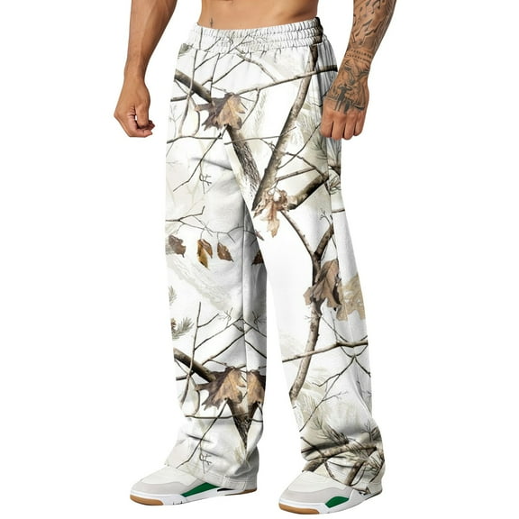 Havenx Wide Leg Camo Sweatpants for Men Camo Graphic Sweat Pant Elastic Waist Open Bottom Wear with Pockets Joggers for Gym Workout Hiking Casual Clothes,White M