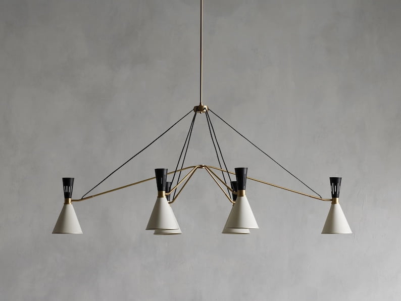 1950's Mid Century Brass Ramsey 6 Light Chandelier Sputnik Italian Ceiling Light Brass Chandelier Curved Arms Starburst Light Fixture