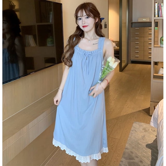 Pijamas de manga corta para mujer, de verano, de color liso, sencillos, con encaje, estilo princesa, ropa de casa de verano para mujer