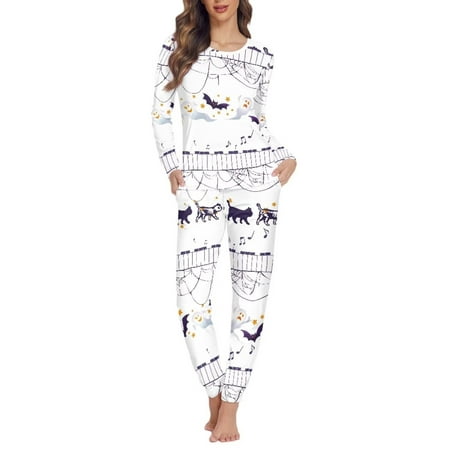 

NETILGEN Abstract Halloween Cat Skull & Bats Print Snug-Fit Women Pj Sets Long Pants 2pcs Pajama Sets for Women Soft Sleepwear Round Neck Women Nightwear Set Indoor Clothing