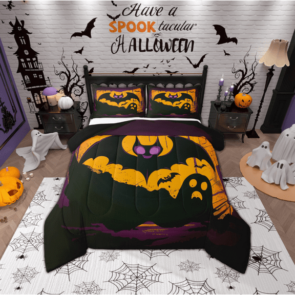 Manfei Funny Ghost Bedding Comforter Set,Happy Halloween Twin Comforter Sets,Spooky Bats Bedding Set For Teens,Ultra Soft Home Decor Reversible,2 Pieces