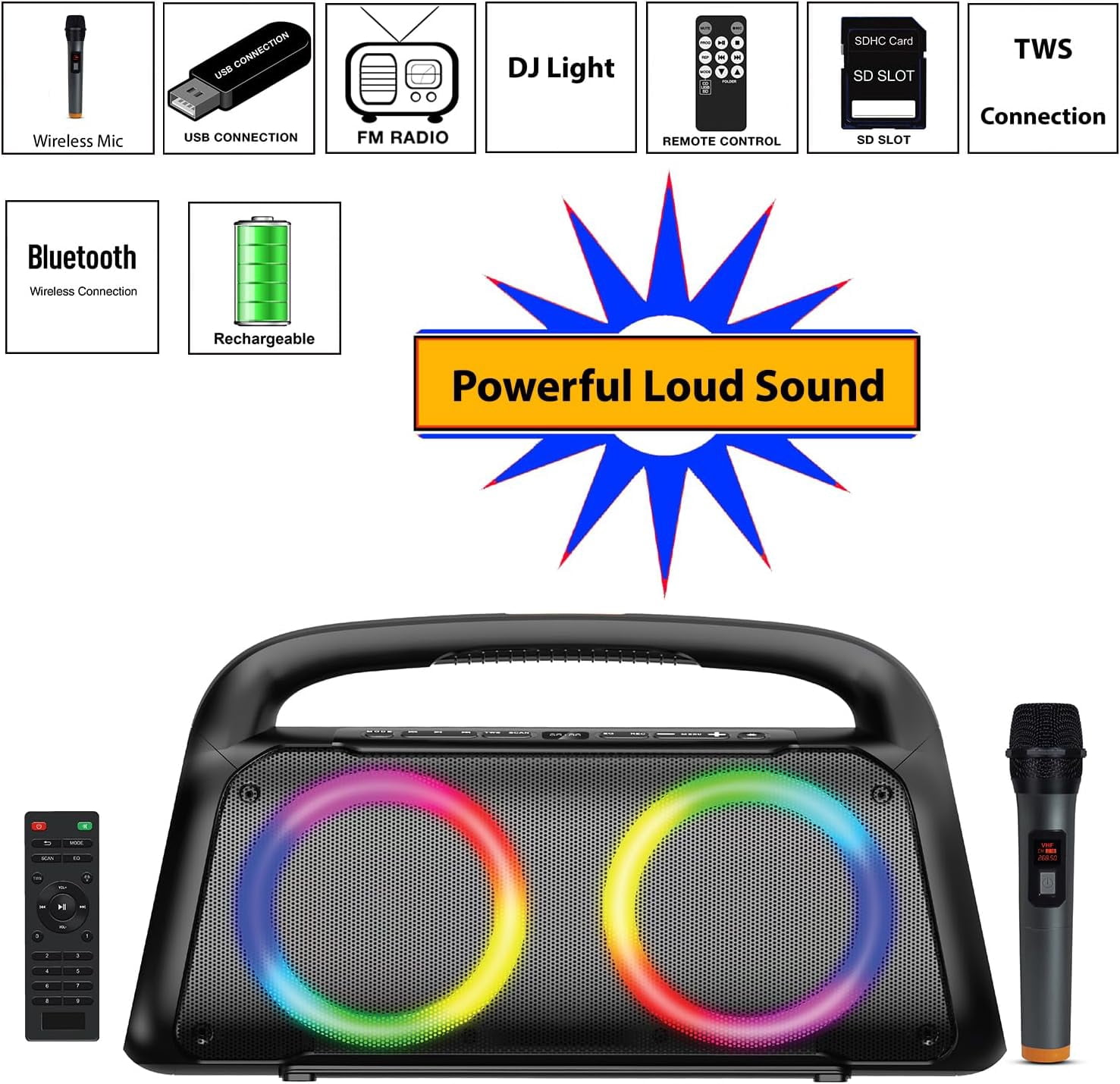 Boytone BT-61K Bluetooth Karaoke Machine Speaker System with LED DJ Lights, VHF Wireless Microphones, Remote Control, 60W Powerful Speaker, TF Card/USB, TWS, for Indoor/Outdoor Events
