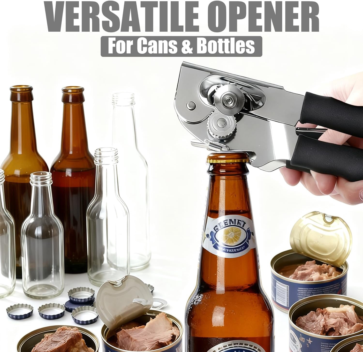 FRKSMD-Manual Can Opener and Bottle Opener - Hand Held Kitchen Tool with Sharp Blade and Easy Turn Knob for Seniors, Swing-Away Design, Stainless Steel, Fits All Can Sizes (Black)