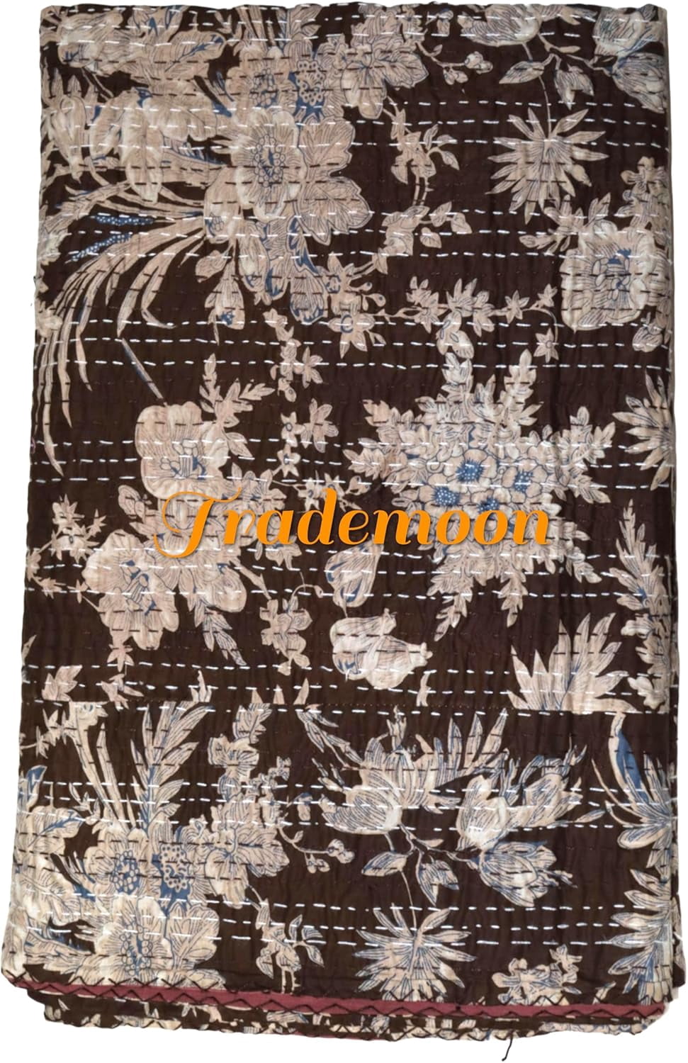 Indian Vintage Floral Kantha Quilt, Brown Cotton Bedspread with White Stitched Pattern, Kantha Gudri (Twin Size - 60" x 90")