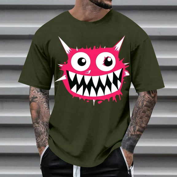 T-shirts for Men Printed Short Sleeve Casual Round Neck T-shirt Top Army Green XXL Mens Tops