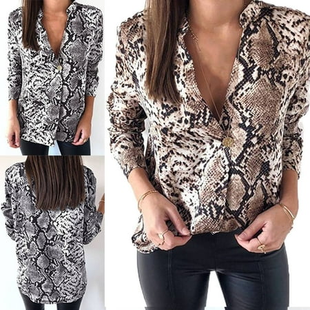 Women Casual V Neck Animal Snake Print Blouse Loose Long Sleeve Tunic Tops