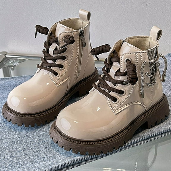 Hurxie Boys Girls Waterproof Lace Up Glitter Mid Calf Combat Boots With Side Zipper for Toddler/Little Kid/Big Kid Beige 34