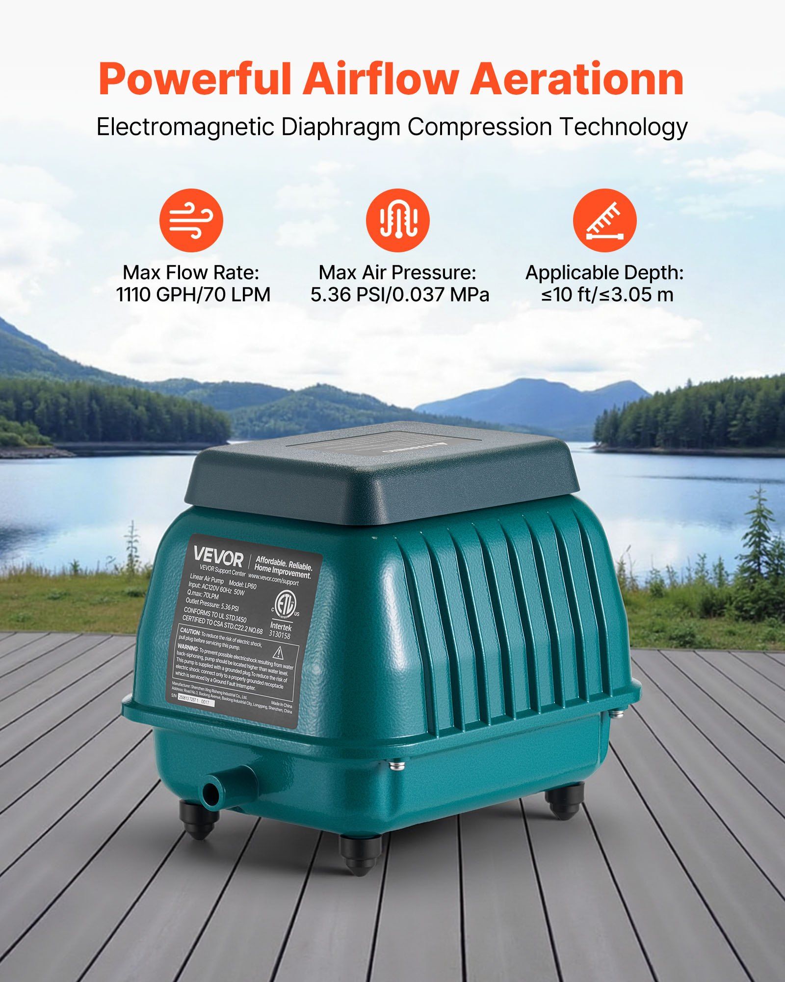 Linear Air Pump 1110 GPH Aerator for Septic Tanks Ponds Aquariums Waste Treatment Fish Farms Hydroponics
