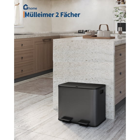30L Dual Compartment Kitchen Trash Can, 2 x 15L Stainless Steel Step Pedal Garbage and Recycling Bin with Soft Close Lid, 2 Removable Inner Buckets, Side Handles, black
