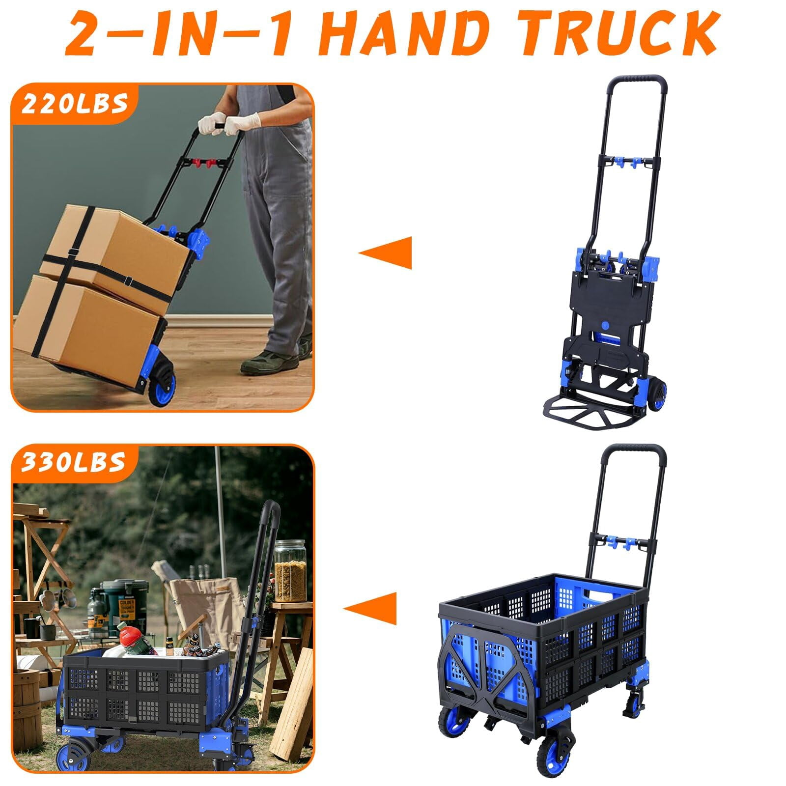 2-in-1Hand Truck Dolly with Folding Basket, Dolly Cart with 4 Wheels, Wagons Carts Foldable with Retractable Handle, Foldable wagon for Moving, 330LBS Capacity, Blue