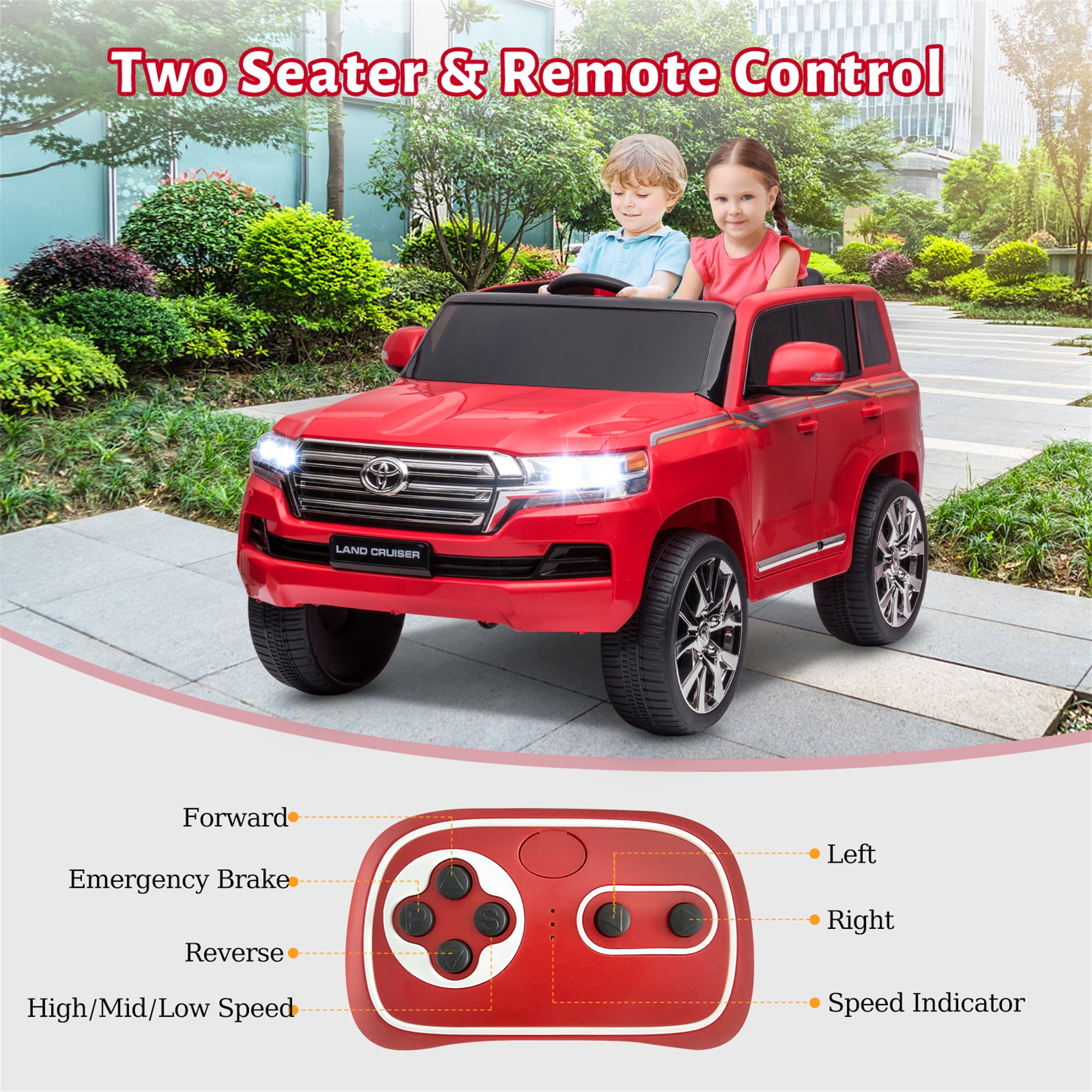 Kids Ride-On Car 2 Seaters,12V Toyota Land Cruiser Electric SUV Police Car Battery Powered Toy Truck with Remote Control,2 Motors, 3 Speeds, Music, Horn, LED Lights
