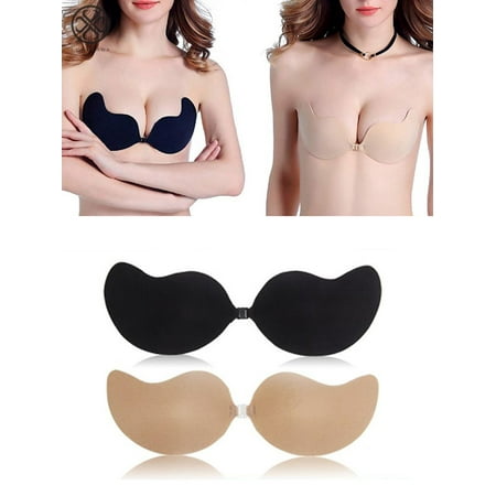 Luxtrada Strapless Sticky Bra Self Adhesive Backless Push Up Bra Reusable Invisible Silicone Bras for Women  2pcs-Black+Skin B Cup