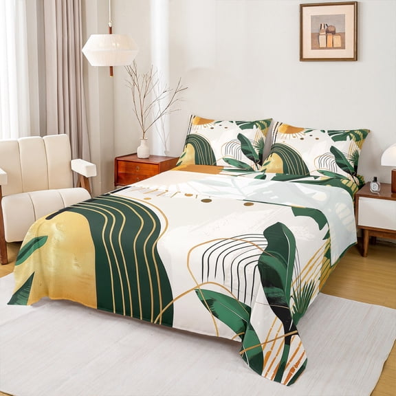 Feelyou Vintage Minimalism Full Size Sheets for Adult, Mid Century Fashion Bed Sheets, Sun Leaf Plant Sheet Sets, Ultra Soft Home Decor, 4-Piece