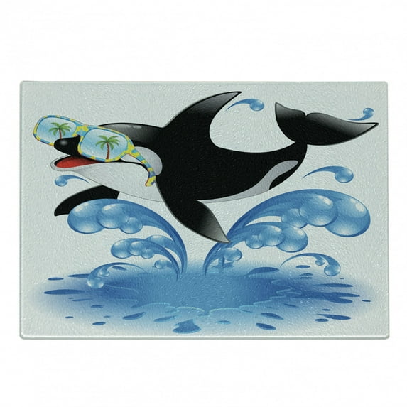 Funny Cutting Board, Summer Holiday Ocean Jumping Killer Whale with Sunglasses Cartoon Animal Love, Decorative Tempered Glass Cutting and Serving Board, Small Size, Black Blue, by Ambesonne