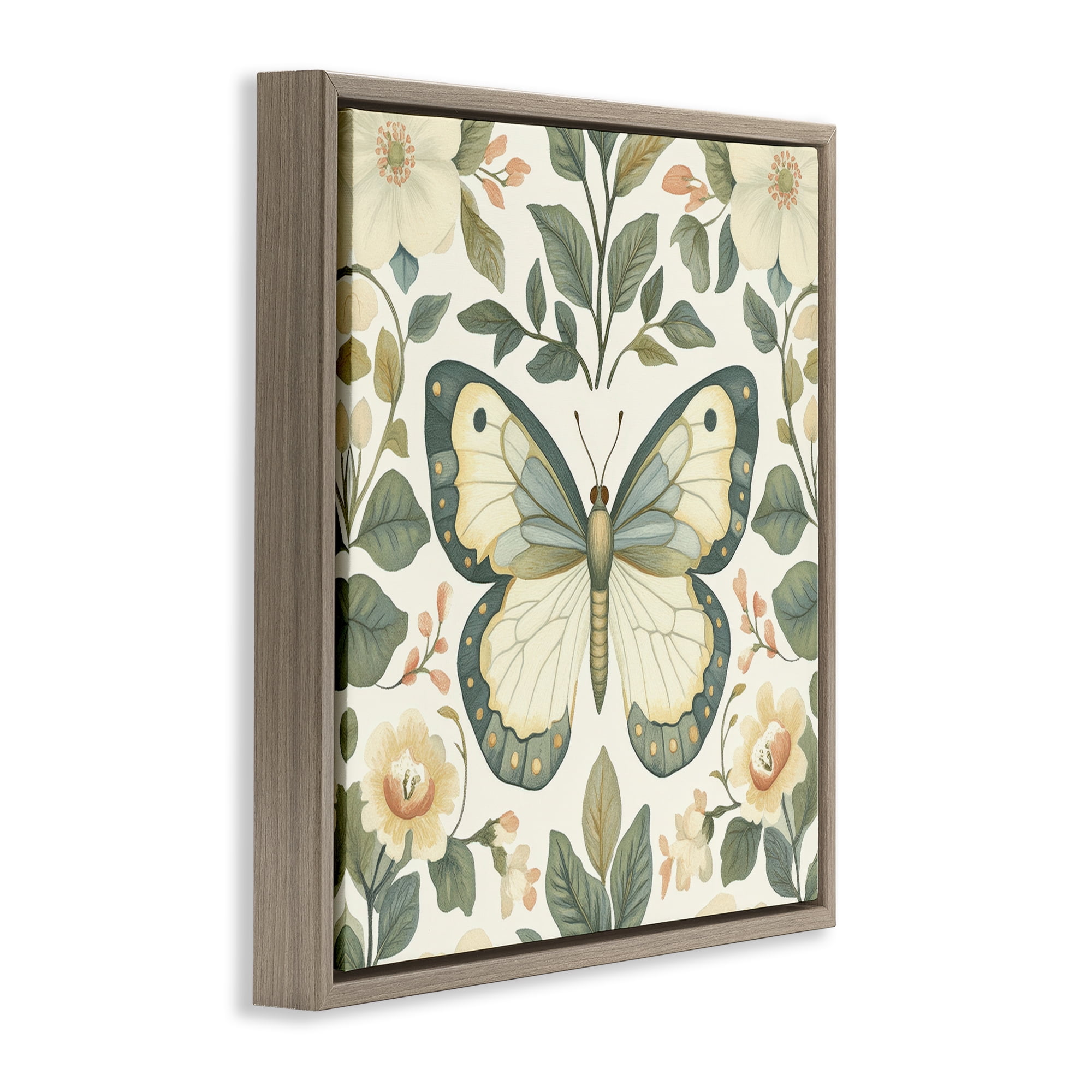 Stupell Industries Sage Butterfly and Florals Brown Framed Floater Canvas Wall Art, design by Petal Prints Design