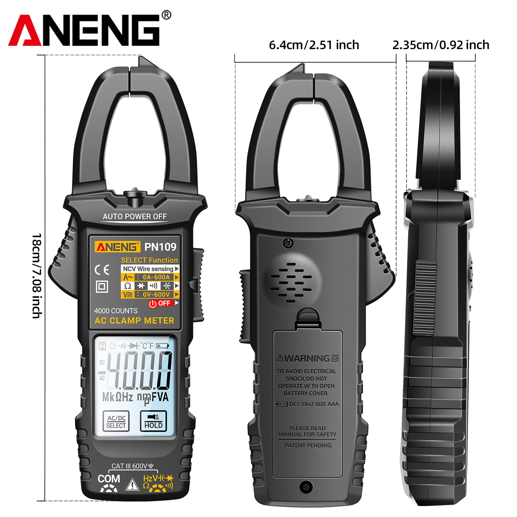 ANENG Smart Touch Clamp Meter Digital Multimeter PN109 600A AC Current 600V AC/DC Voltage NCV Detection 4000 Counts Auto-Off