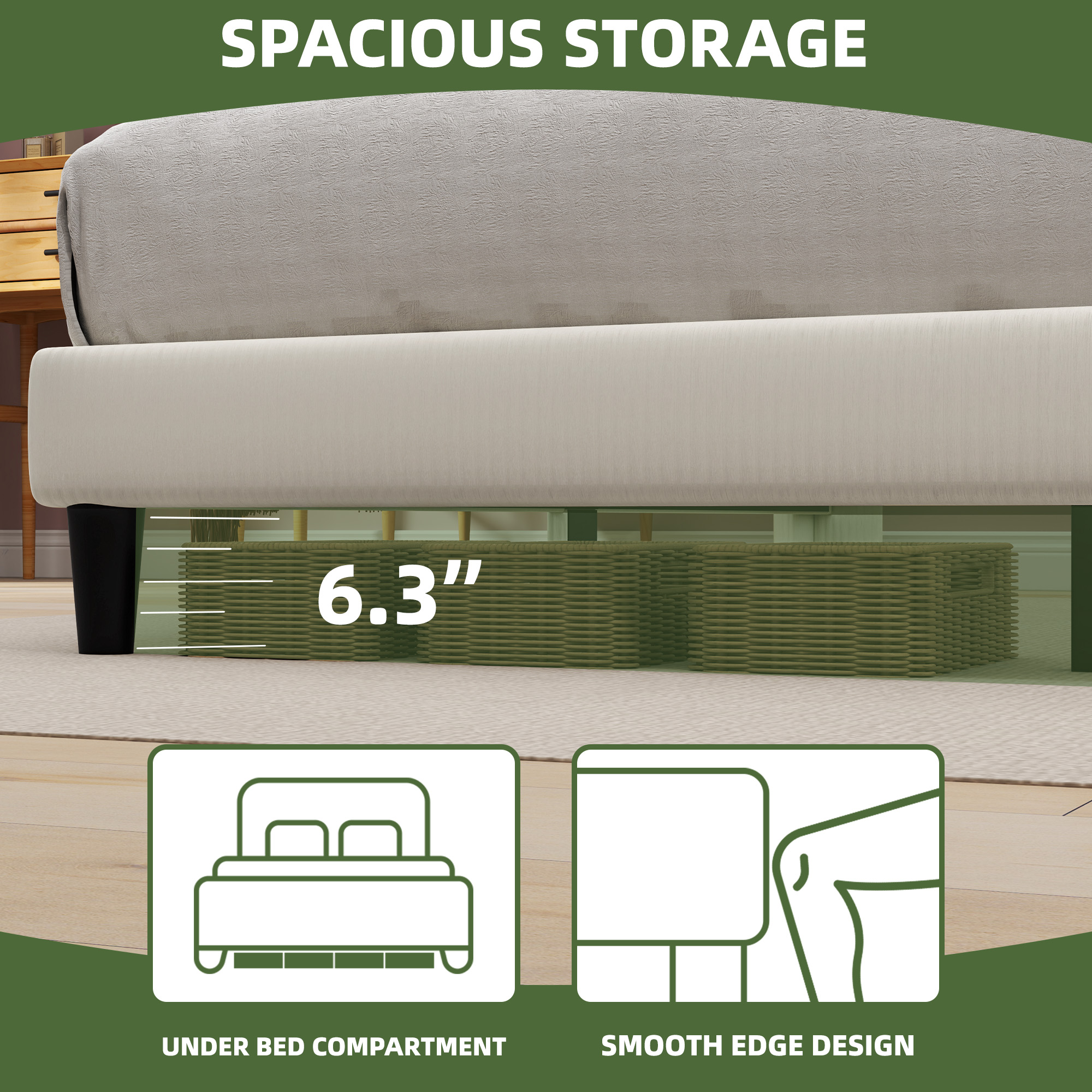 Uforic Corduroy Queen Bed Frame with Adjustable Headboard, Sturdy Slats, No Box Spring Needed, Beige