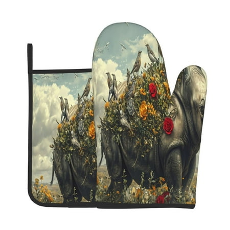 

Xecao Floral Rhino With Birds Pattern Oven Mitts and Pot Holders Sets Heat Resistant Silicone Oven Mittens Extra Thicken Long Kitchen Cotton Oven Glove for Cooking