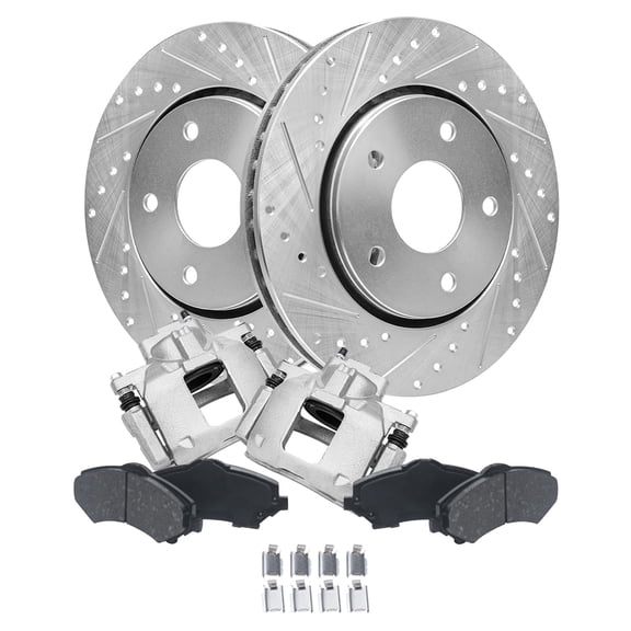 Detroit Axle - Front Brake Kit for Chrysler Town & Country Dodge Grand Caravan VW Routan Ram C/V, Drilled Brake Rotors Ceramic Brakes Pads Brake Calipers Replacement: 11.89" inch Rotor