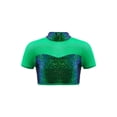 thumbnail image 1 of Kaerm Girls Belly Dance Shirt Short Sleeve Mock Neck Mesh Patchwork Cutout Back Crop Top with Glitter Rhinestones Turquoise 6, 1 of 5