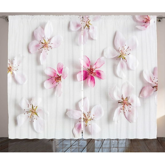 Ambesonne Almond Blossom Curtains 2 Panel Set, Sakura Petals Love, 108" x 63", Pink Pale Pink White
