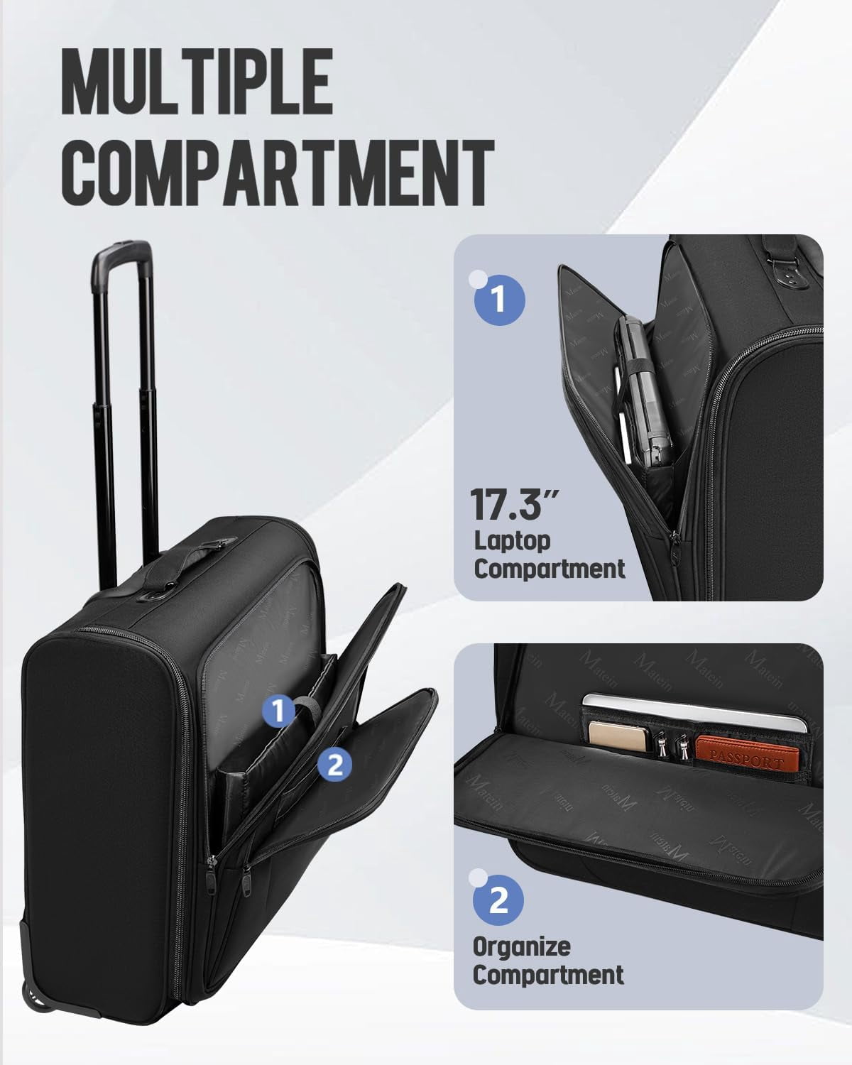 Matein Rolling Garment Bag, Softside Suit Bag with 2 Packing Cubes and Spinner Wheels for Men Women, Black