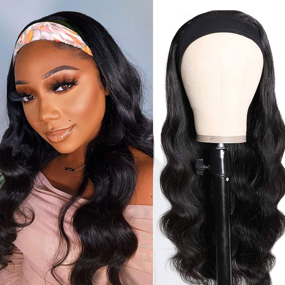Headband Wig Human Hair Body Wave Headband Wigs for Black Women 16 Inch Brazilian Human Hair Wigs Body Wave Headband Wig Glueless None Lace Front Wigs Wear and Go Wigs 150 Density