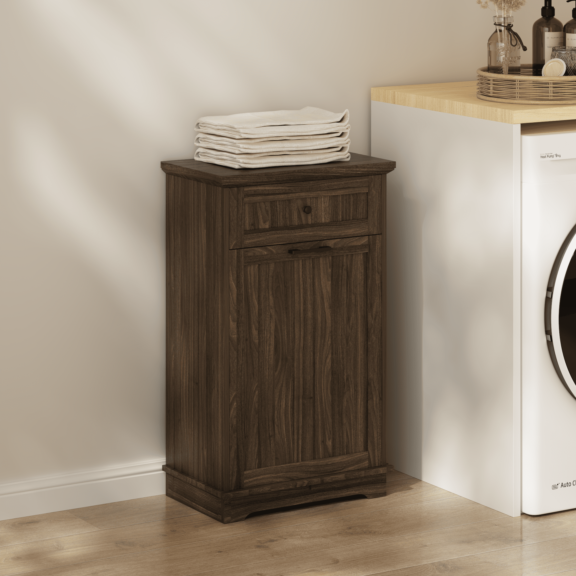 Tilt Out Trash Cabinet, 10 Gallon, Freestanding Wood Garbage Recycling Cabinet with Hideaway Drawer, Pet Proof Trash Can Holder for Kitchen Living Room (Trash Can Not Included)