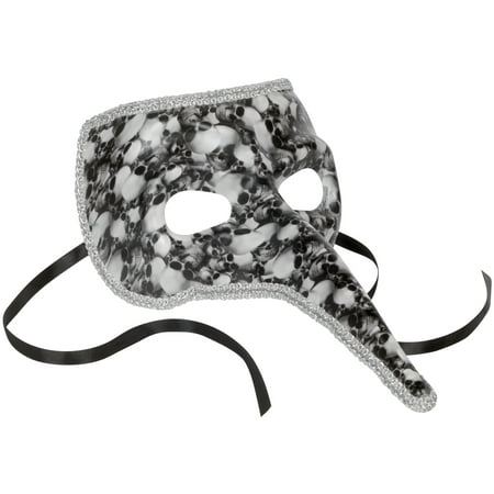 Star Power Venetian Skull Print Long Nose Mask, White Black, One Size