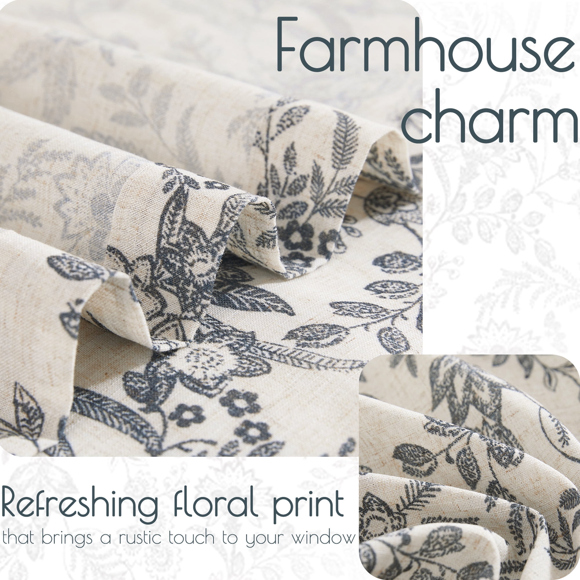 Curtainking Floral Curtains Linen Farmhouse Curtains for Living Room 84 inch Country Curtains Back Tab Semi Sheer Curtains Light Filtering 2 Panels Black on Beige