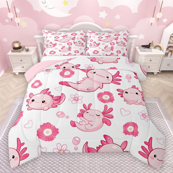 jejeloiu Pink Axolotl Salamander Bedding Comforter Set,Kawaii Flowers Blossom Twin Comforter Sets,Cartoon Cute Animal Bedding Set For Girls,Breathable Home Decor Reversible,2 Pieces