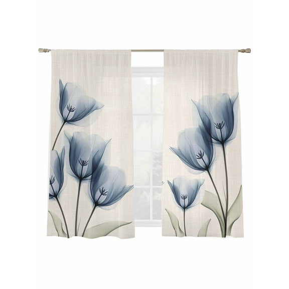 Tulip Floral Sheer Curtains 72 Inch Long 2 Panels, Spring Blue Flowers Linen Texture Light Filtering Rod Pocket Semi Sheer Curtains, Sheer Voile Drapes for Living Room Bedroom, 52"x72"