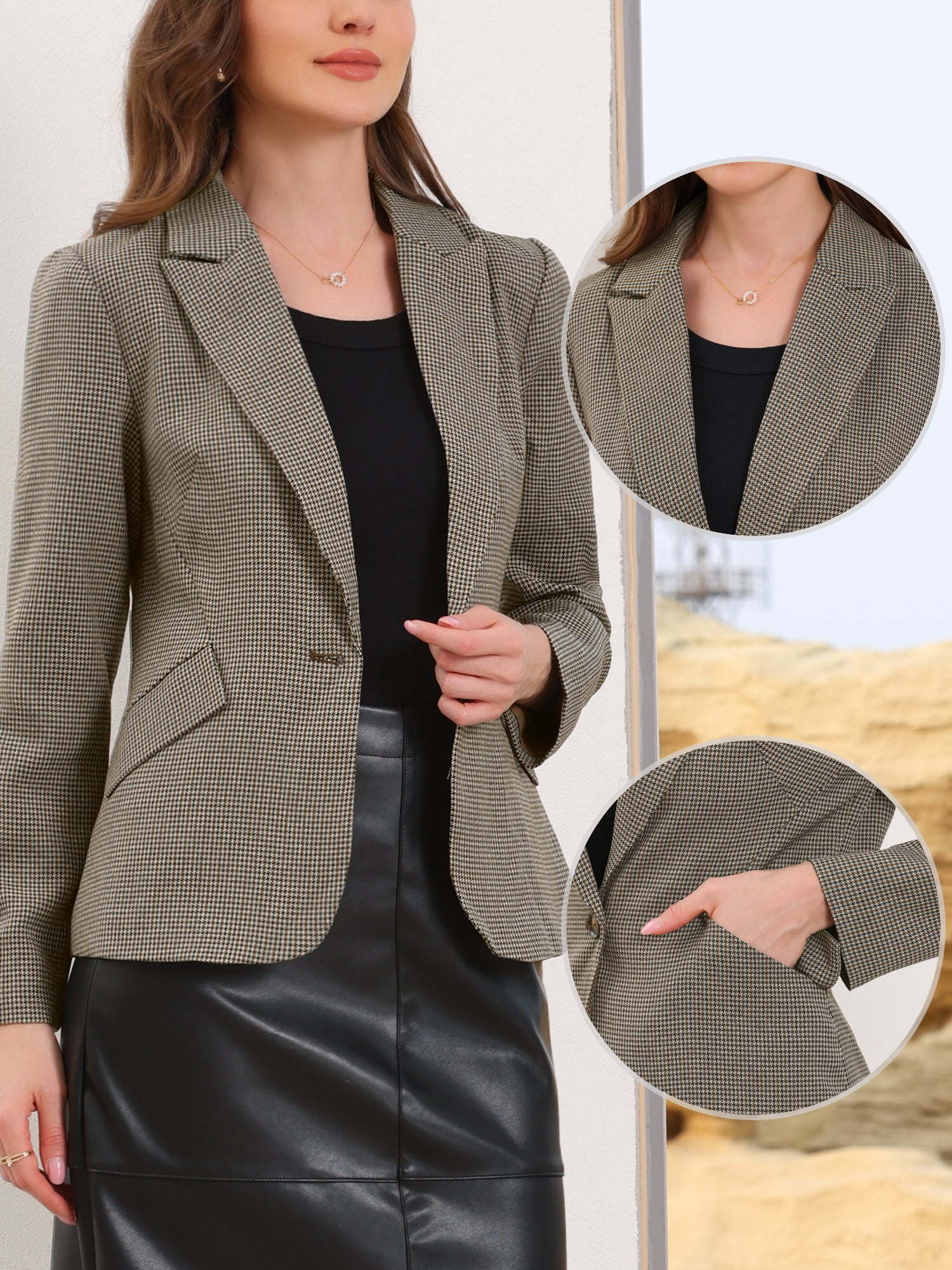 DARING DIVA Women's Houndstooth Lapel Collar One Button Jacket XS Brown