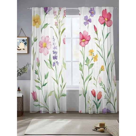 Spring Wildflowers Sheer Curtains for Living Room Bedroom Farmhouse Botanical Floral Sheer Curtains 108 Inch Long 2 Panels Set Light Filtering Curtain Window Treatments Drapes for Dining Room
