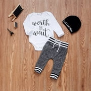 Baby Boy Clothes Set 2019 Newborn Infant Toddler Autumn Long Sleeve Letter Bodysuit Pants Hat Outfit 3Pcs Clothing Cute 0-24M