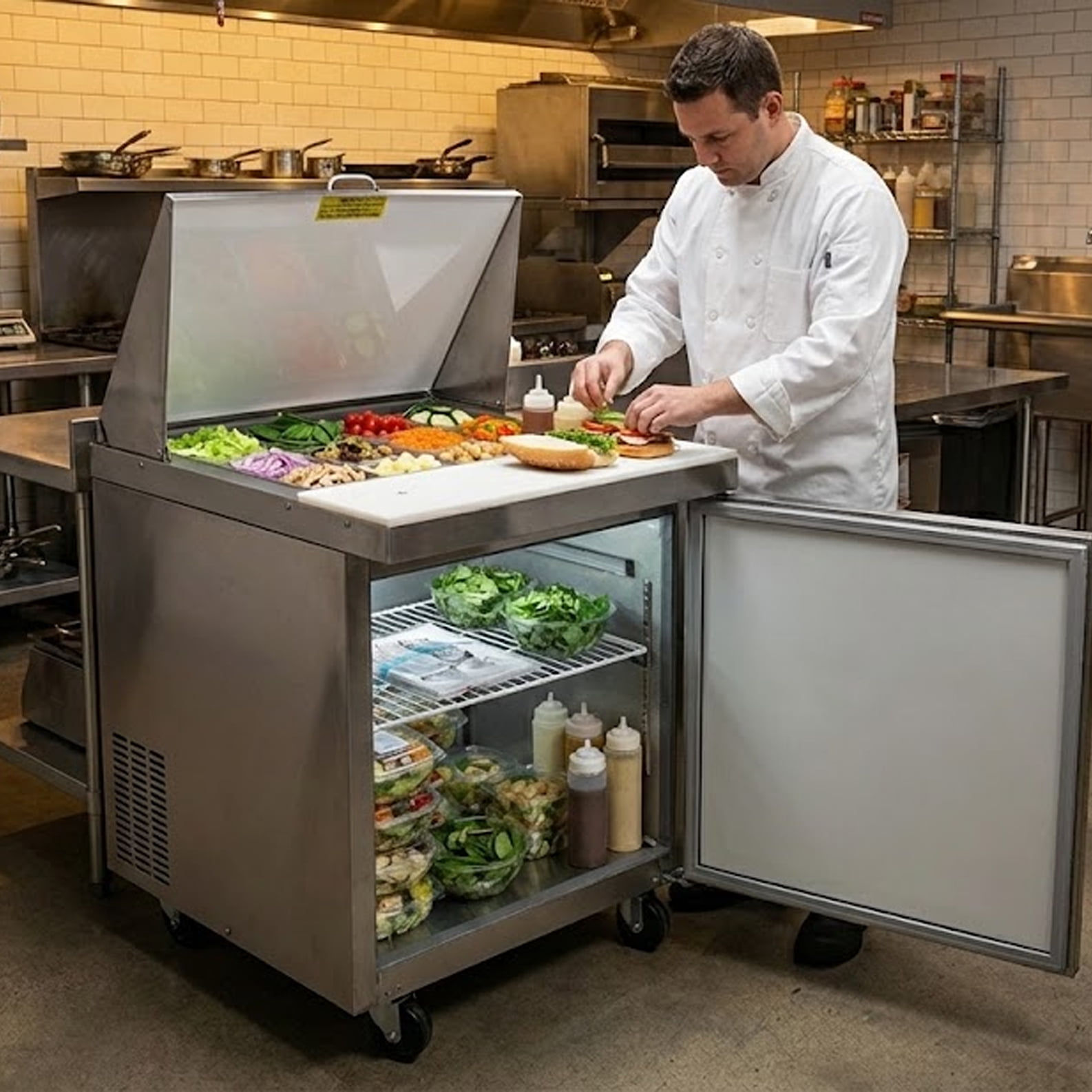 27" Commercial Stainless Steel Prep Refrigerator with Solid Lid – 6 Cu Ft, Commercial Sandwich & Salad Prep Table, R290, ETL & NSF