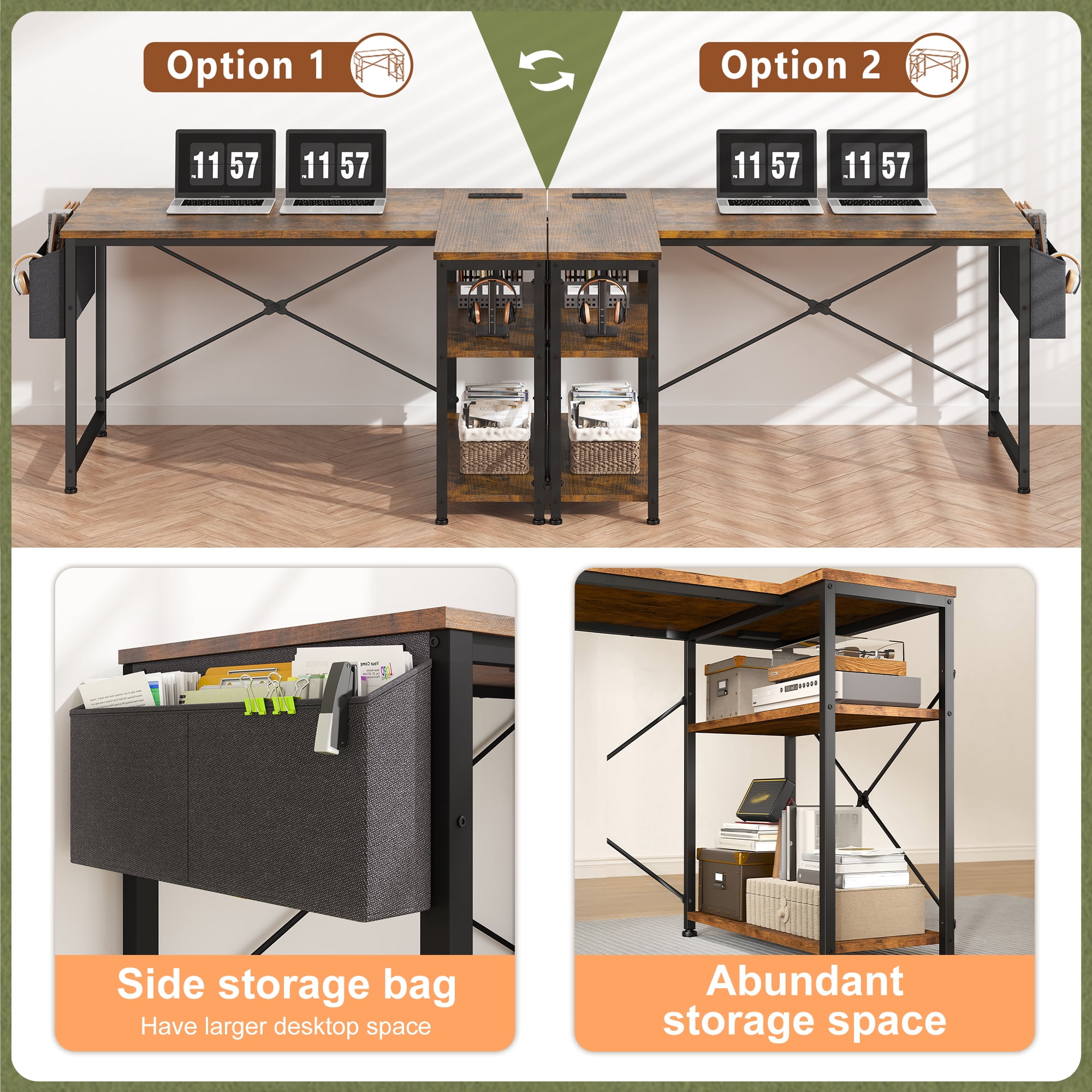 EnHomee L-Shaped Computer Desk with Charging Station, Small Desk with Storage Shelves for Gaming, Writing, Rustic Brown