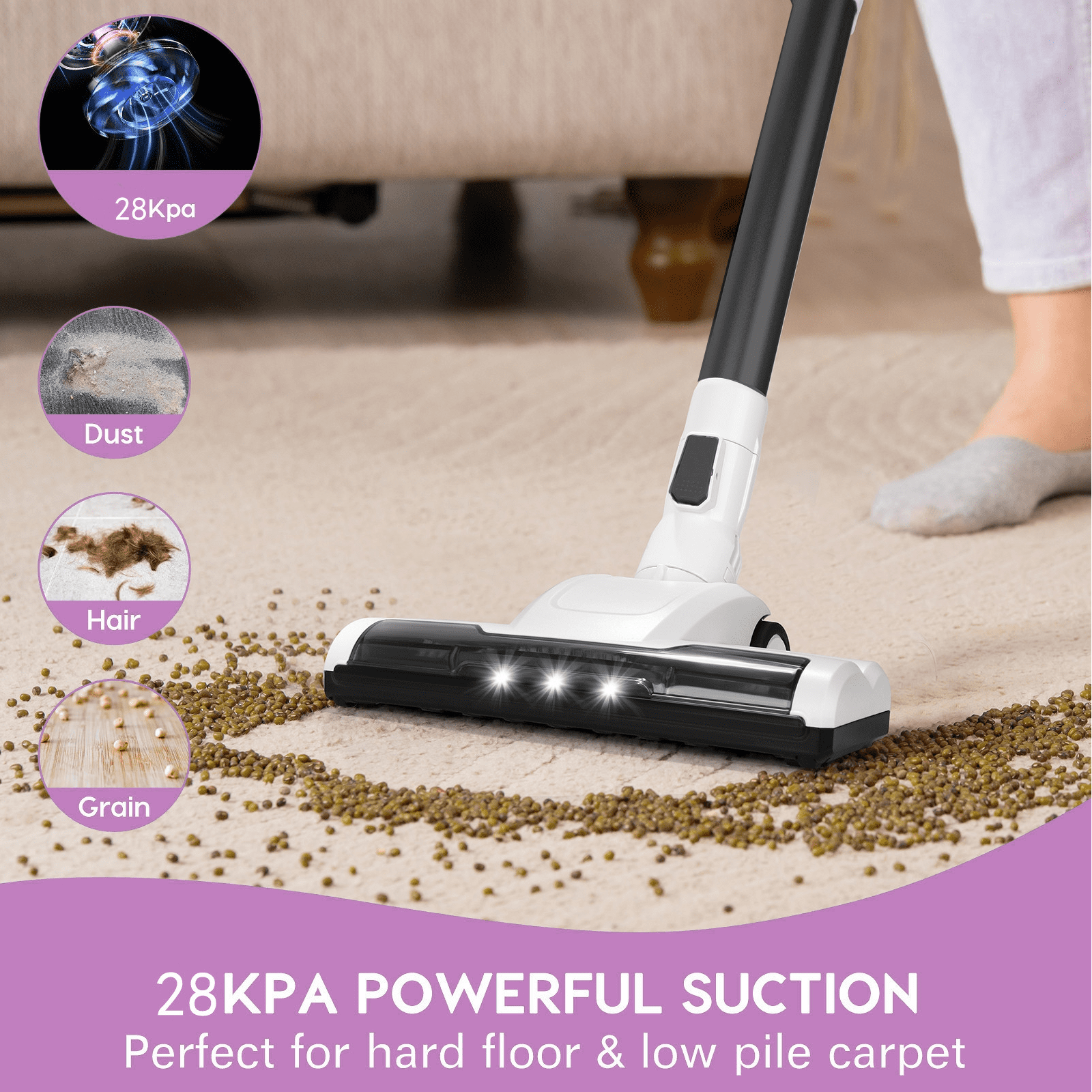 MOOSOO Stick Vacuum Cleaner, 30Kpa Powerful Suction Cordless Vacuum with Headlight Motorized Brush, Self-Standing for Hard Floor, Carpet Pet Hair, Black