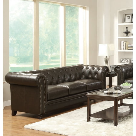 Transitional Bonded Leather Wood Sofa With Tufted Design Brown