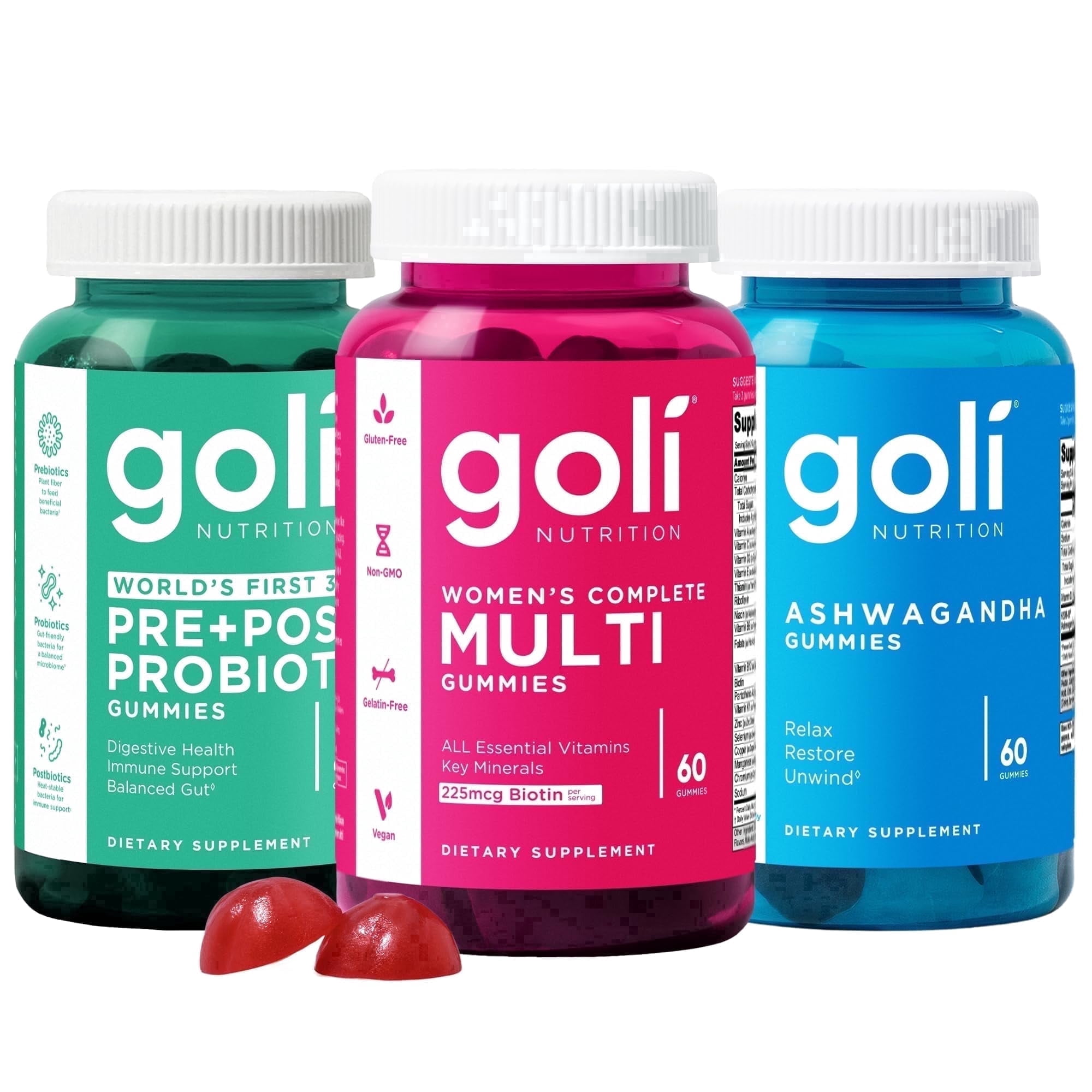 Goli Stress, Beauty & Gut Gummies 3 pack, Women's Multivitamin, Ashwagandha & 3-in-1 Pre+Post+Probiotics , 180 ct
